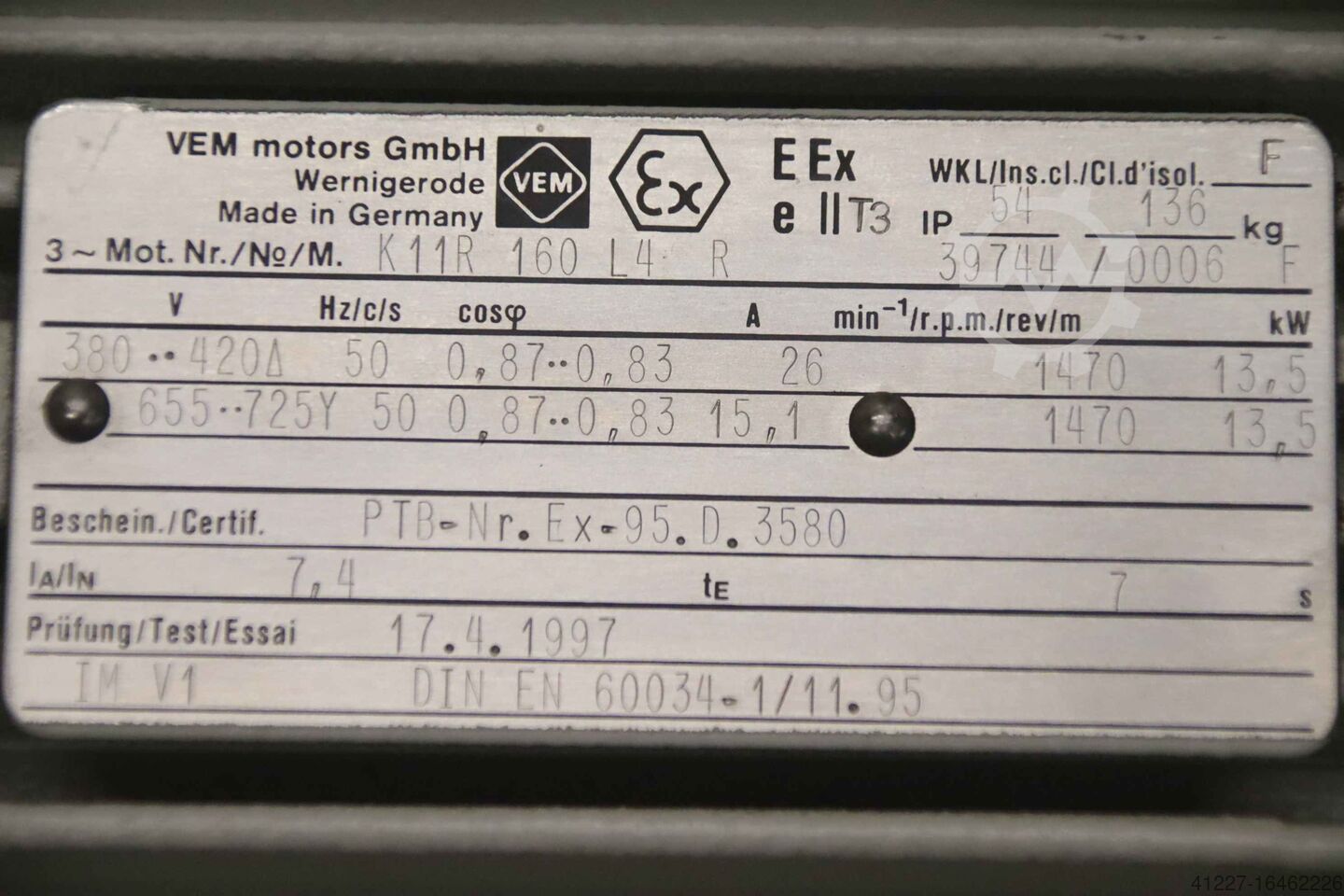 🏷️ VEM K11R 160 L4 R Ex-geschützt - used Electric motor 13.5 kW