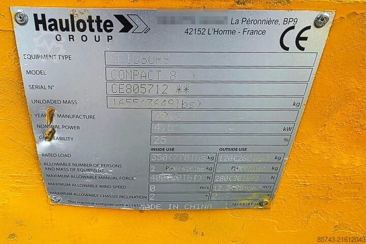 Scherenhebebühne Haulotte Compact 8 Electric, 8.2m Working Height, 350kg Cap