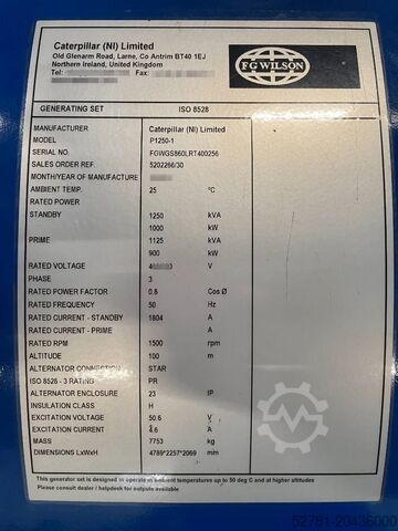 Generator set FG Wilson P1250-1 - 1250 kVA Surplus Genset - DPX-25089