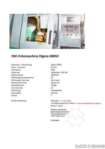 Digma 500GC (direct sale from customer) DIGMA HSC-Fräsmasch. Digma 500GC