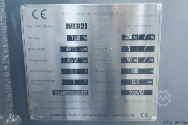 Articulated boom lift Zoomlion ZA16JERT-LI NEW / UNUSED, Valid Inspection, *Guara