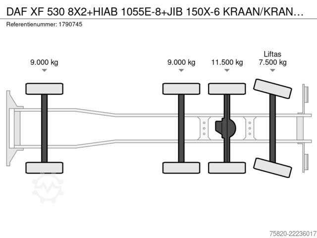 Crane truck DAF XF 530 8X2+HIAB 1055E-8+JIB 150X-6 KRAAN/KRAN/C...