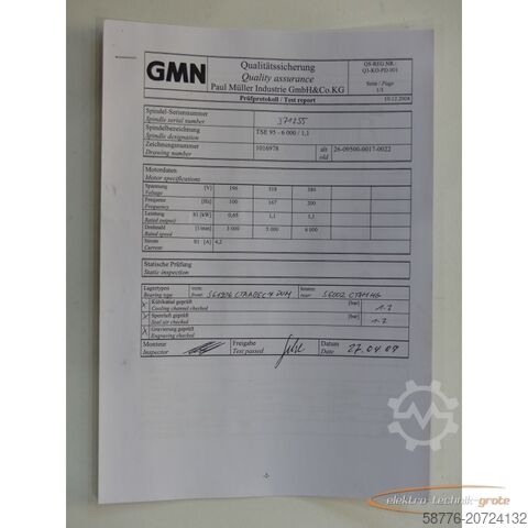 Component GMN TSE 95 - 6000 / 1,1 Schleifspindel SN:371255 !