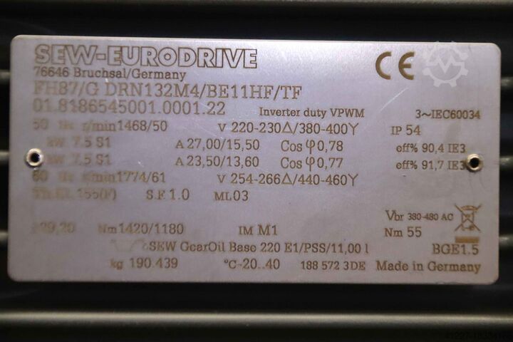 Gear motor 7.5 kW 50 rpm SEW-Eurodrive FH87/G DRN132M4/BE11HF/TF