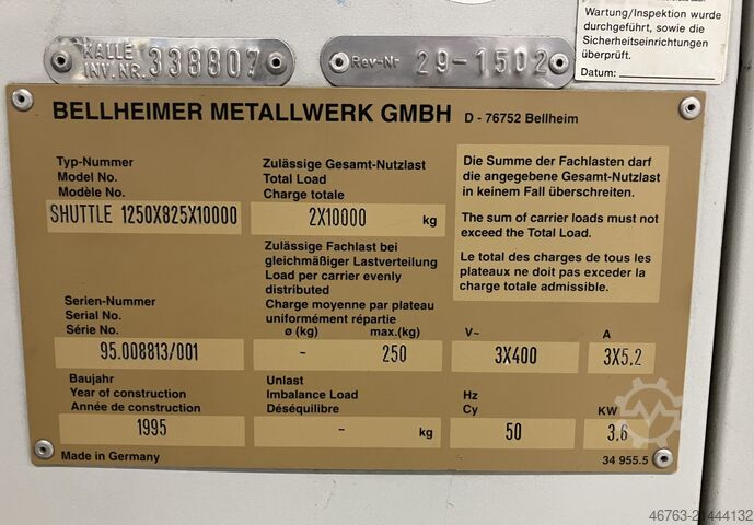Liftsystem, Kardex, Tablargröße: 1250x82 Bellheimer / Kardex Shuttle 1250x825x10000