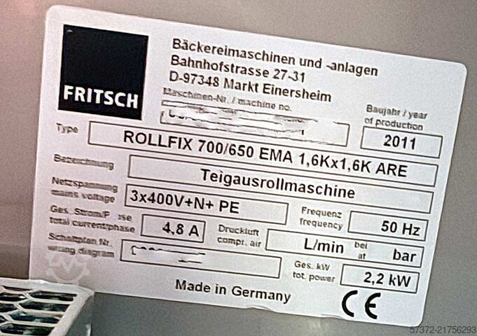 Dough Rolling Machine Fritsch Rollfix 700/650
