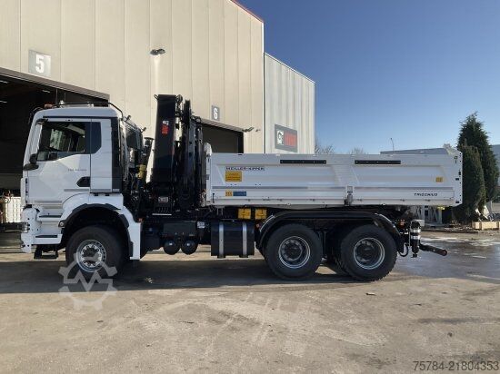 Three-sided tipper truck MAN TGS  33.520 6X6 NEU 3-S-KIPPER BORDMATIK HIAB KRAN X-352E HIPRO, MIETKAUF MGL