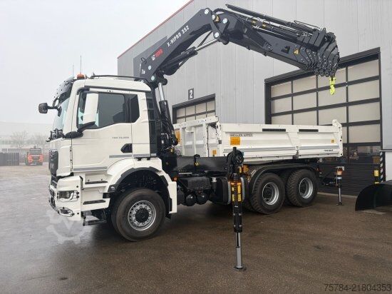 Three-sided tipper truck MAN TGS 33.520 6X6 NEU 3-S-KIPPER BORDMATIK HIAB KRAN X-352E HIPRO, MIETKAUF MGL