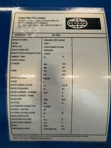 Generator set FG Wilson P850-1 - 850 kVA Open Genset - DPX-16024-O