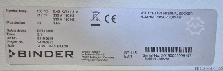 Binder BF115 Incubator Binder BF115