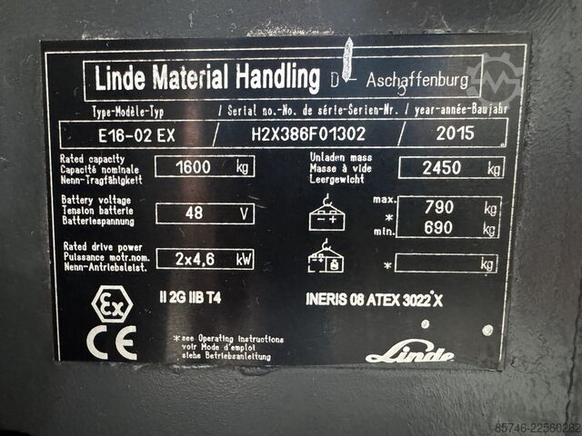 E 16 - 386 / 02 Evo * Atex EX * Proplan 2G / Z1 * NEW battery !! LINDE E 16 - 386 / 02 Evo * Atex EX * Proplan 2G / Z1 * NEW battery !!