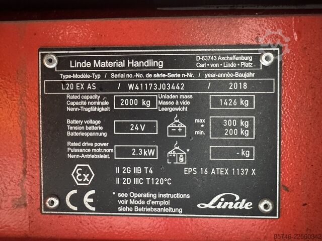 L 20 as * DEMO * Atex EX * Proplan 2GD / Z1 & 21 & 22 * Triplex FFL * NEW battery!! LINDE L 20 as * DEMO * Atex EX * Proplan 2GD / Z1 & 21 & 22 * Triplex FFL * NEW battery !!