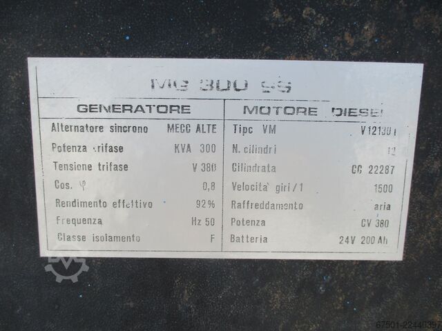 Dieselaggregat Generator 300 KVA MECC ALTE / VM V 12 Notstromaggregat, (3519)