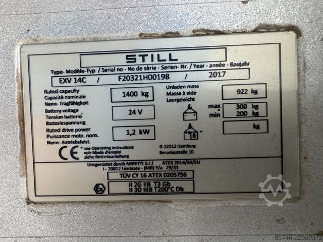 EXV 14 C * DEMO * Atex EX * Miretti 2G / Z1 & 3D / Z22 * NEUE Batterie !! STILL EXV 14 C * DEMO * Atex EX * Miretti 2G / Z1 & 3D / Z22 * NEW battery !!