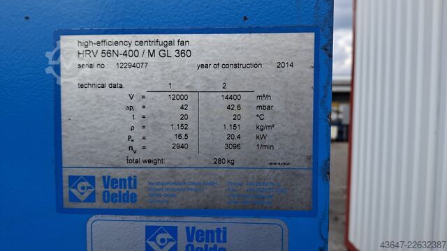 Blower,Centrifugal fan Venti Oelde HRV 56N-400/M GL 360