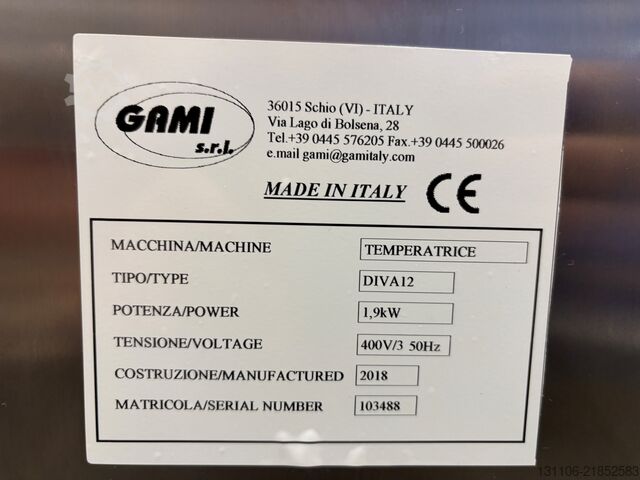 Tempering machine with enrobing belt/accessories GAMI Diva12