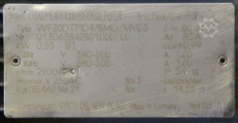 Geared motor frequency converter 0.55 kW 60 rpm SEW Eurodrive WF20DT71D4/BMG/MM05