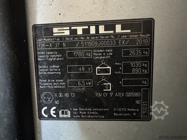FM x 17 N * Atex EX * Miretti 3G / Z2 * Triplex Freihubmast (FFL) !! NEUE Batterie !! STILL FM x 17 N * Atex EX * Miretti 3G / Z2 * Triplex FFL !! NEW battery !!