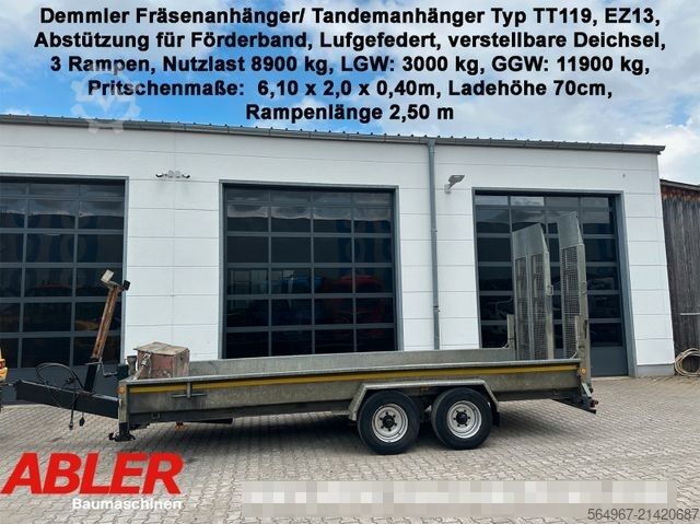 Low loader trailer Demmler TT119 Tiefladeranhänger mit Rampen Fräse