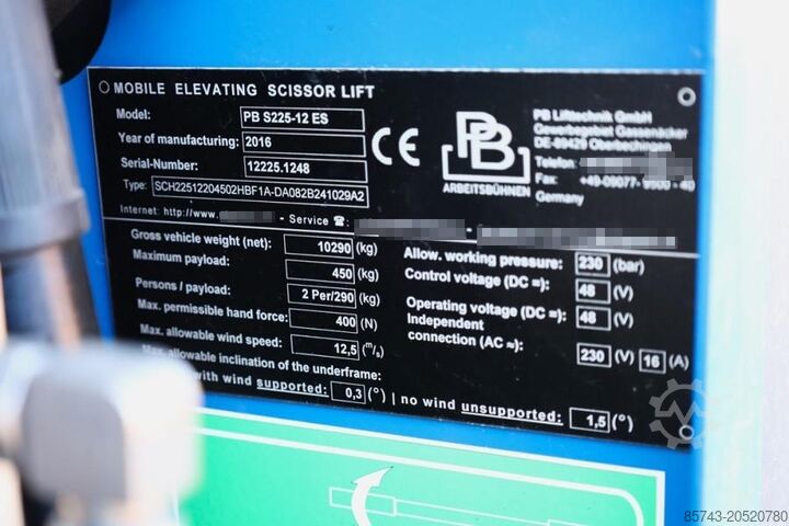 Scherenhebebühne PB LIFT S225-12ES Electric, 22.5m Working Height, 450