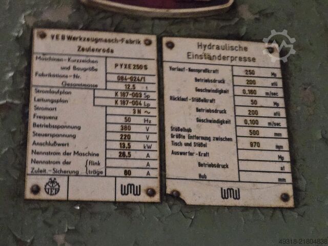 Hydraulische Presse WMW Zeulenroda PYXE 250S