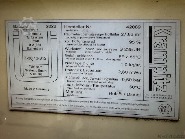 Heating oil tank, 27,000 liters for heating oil/diesel Kampitz Typ: Z 38 12-312