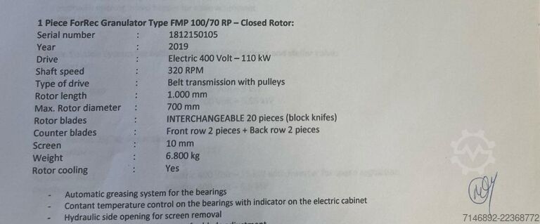 Rotary shear Forrec Granulator - FMP 100/70 RP