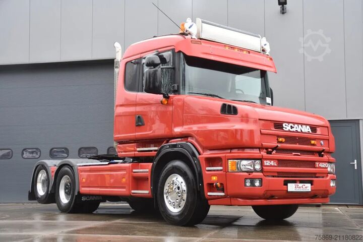 Scania T124-400 6x2 - MANUAL - OLD TACHO - WHEELBASE 390 CM - HUB REDUCTION - ALCOA'S - SLIDING FIFT Scania T124-400 6x2 - MANUAL - OLD TACHO - WHEELBASE 3...