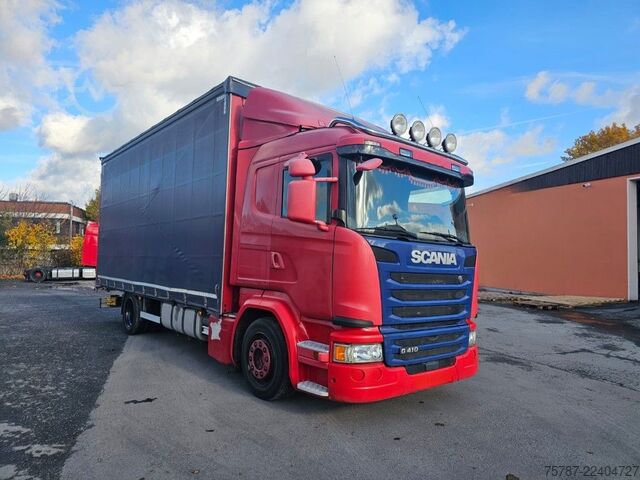 Flatbed truck with tarp SCANIA G410 Volumen, Edscha, Hubdach+Tandemhänger
