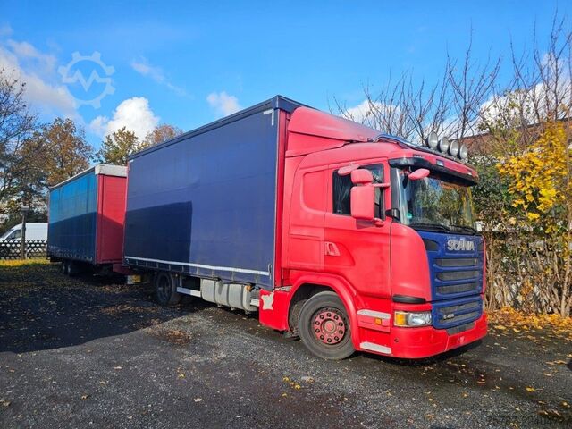 Flatbed truck with tarp SCANIA G410 Volumen, Edscha, Hubdach+Tandemhänger