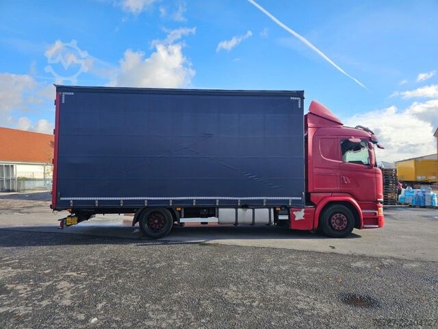 Flatbed truck with tarp SCANIA G410 Volumen, Edscha, Hubdach+Tandemhänger