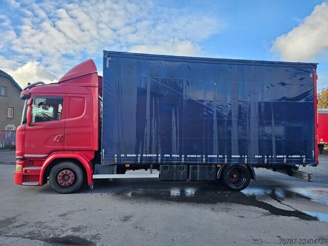 Flatbed truck with tarp SCANIA G410 Volumen, Edscha, Hubdach+Tandemhänger