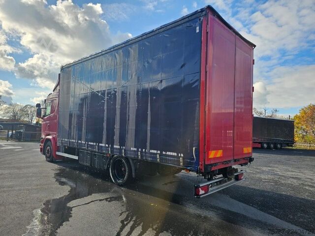 Flatbed truck with tarp SCANIA G410 Volumen, Edscha, Hubdach+Tandemhänger