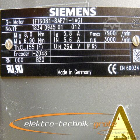 Siemens motor Siemens 1FT6081-8AF71-1AG1 Drehstrom-Servomotor generalüberholt mit 12 Monaten Gewährleistung! -