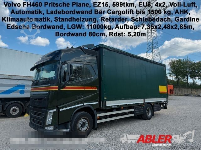 Flatbed truck with tarp VOLVO FH460 Pritsche Plane Bordw. Klima Retarder LBW