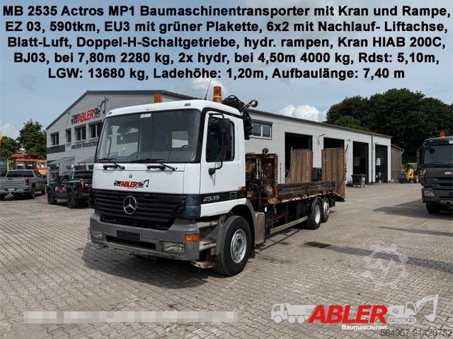 Wrecker MERCEDES-BENZ 2535 Actros MP1 Baumaschinentrans. KRAN + RAMPE