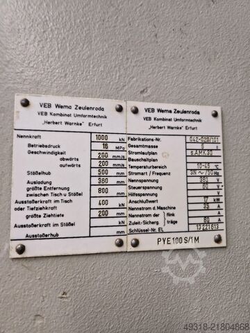 Hydraulic press WMW Zeulenroda PYE 100 S/1M