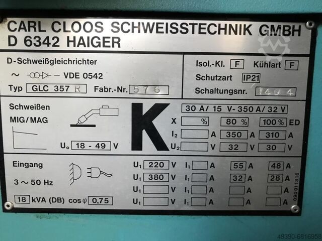 MIG MAG Schweißmaschine, Schutzgasschweißgerät, MIG MAG Schweißstromquelle mit Leistungstransformato CLOOS GLC 357
