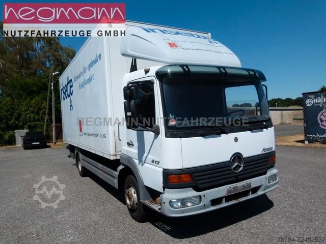 Flatbed truck with tarp MERCEDES-BENZ Atego 817, Alu-Koffer LBW, AHK, DE.