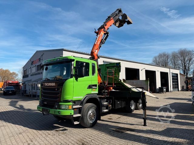 Three-sided tipper truck SCANIA G450 Kipper Kran Atlas 206.3E AHK Bordmatic FUNK