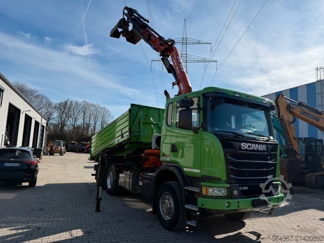 Three-sided tipper truck SCANIA G450 Kipper Kran Atlas 206.3E AHK Bordmatic FUNK