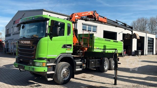 Three-sided tipper truck SCANIA G450 Kipper Kran Atlas 206.3E AHK Bordmatic FUNK