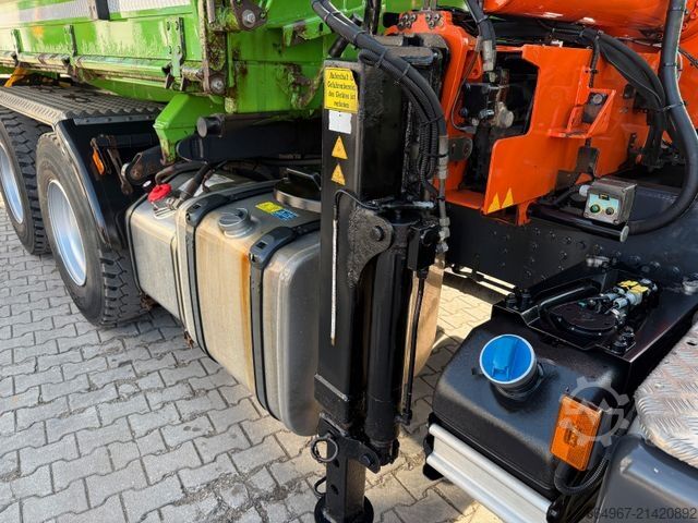 Three-sided tipper truck SCANIA G450 Kipper Kran Atlas 206.3E AHK Bordmatic FUNK