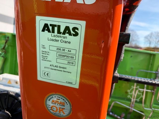 Three-sided tipper truck SCANIA G450 Kipper Kran Atlas 206.3E AHK Bordmatic FUNK