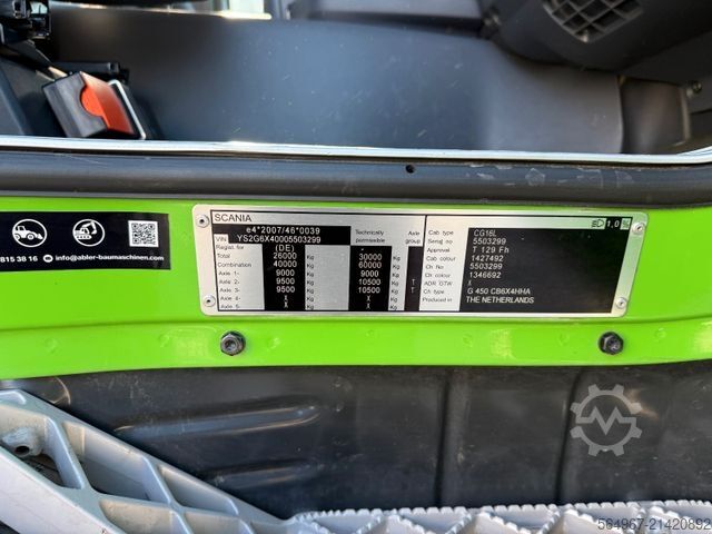 Three-sided tipper truck SCANIA G450 Kipper Kran Atlas 206.3E AHK Bordmatic FUNK