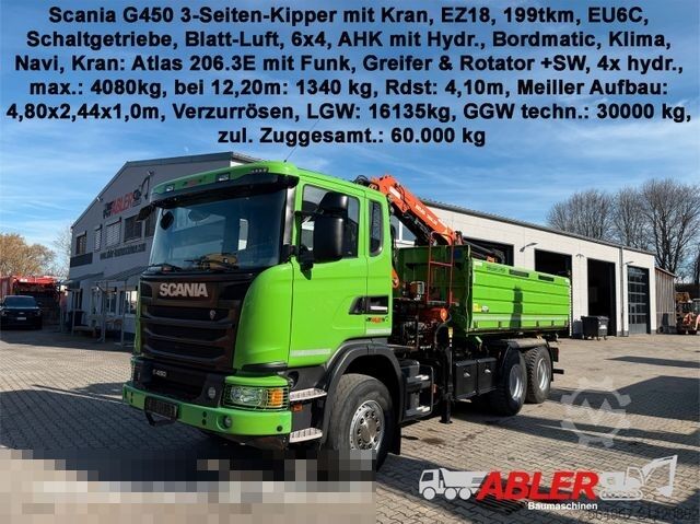 Three-sided tipper truck SCANIA G450 Kipper Kran Atlas 206.3E AHK Bordmatic FUNK