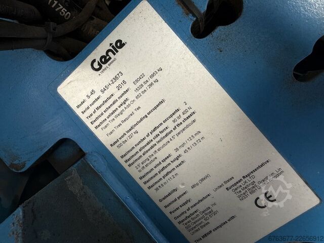 GENIE S-45 telescopic boom lift / aerial work platform 4x4 DEUTZ DIESEL 4,545 hours 15.7 m working h GENIE S-45 Telescoop hoogwerker / boomlift  4x4 DEUTZ DIESEL 4545uur 15,7M Werkhoogte 2016