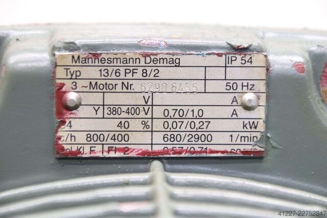 Geared motor 0.07/0.27 kW 680/2900 rpm rpm Mannesmann Demag 13/6 PF 8/2