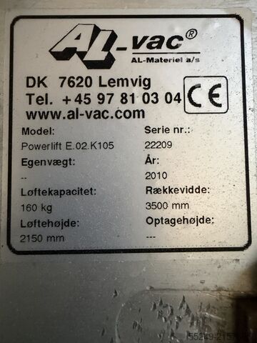 Kranarm Al-Vac Powerlift 3500 mm. 160 kg.