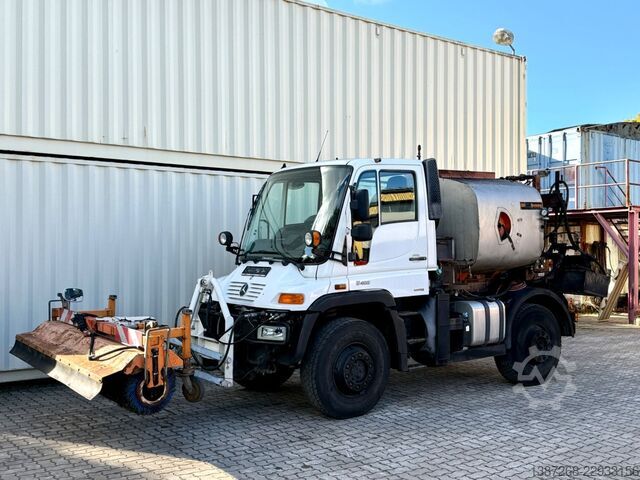 Asphalt mixing plant Unimog U400 mit Bitumspritze Breining + Besen